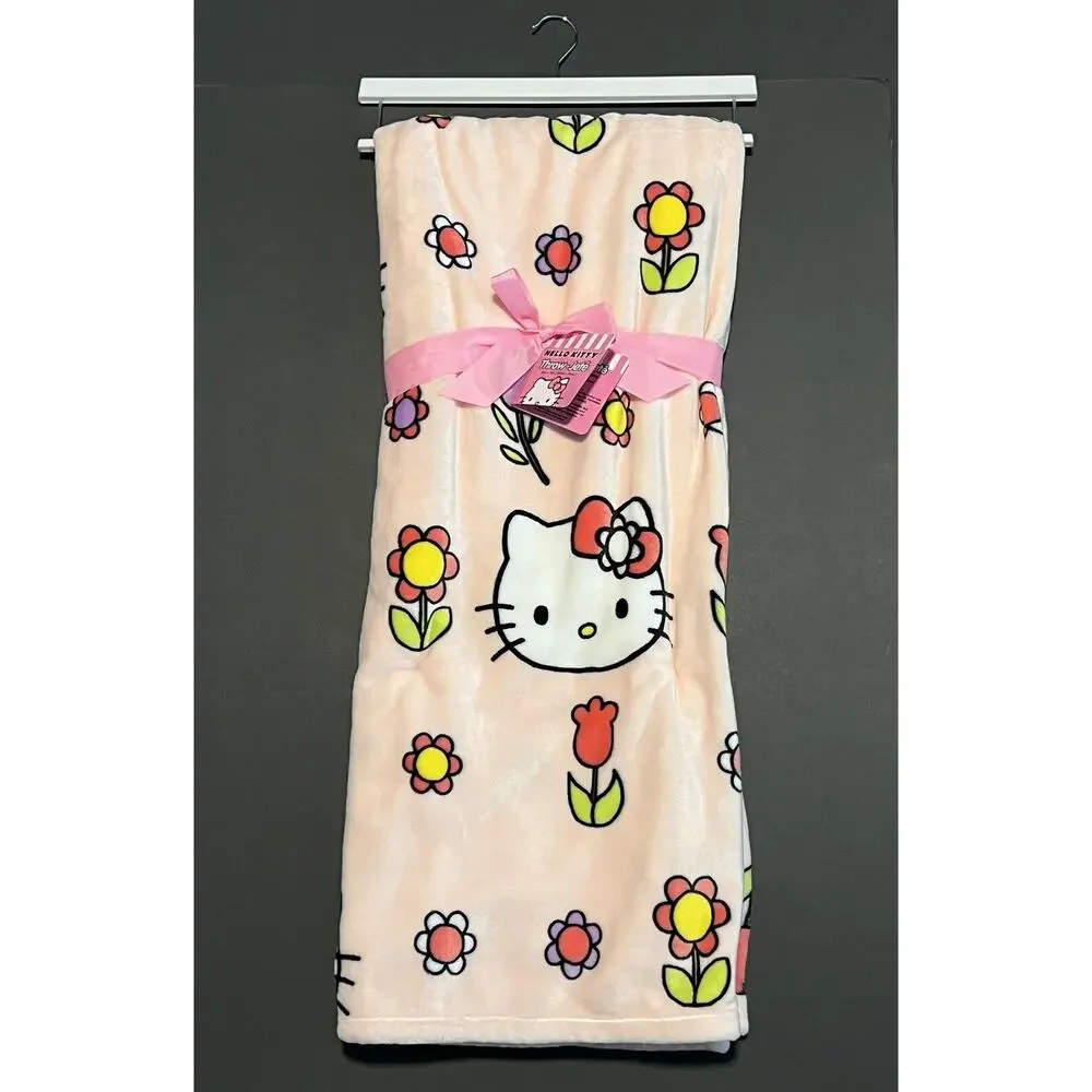 Hello Kitty Throw Blanket Spring Easter Flowers Pink Plush Fleece 50” X 70” PINK